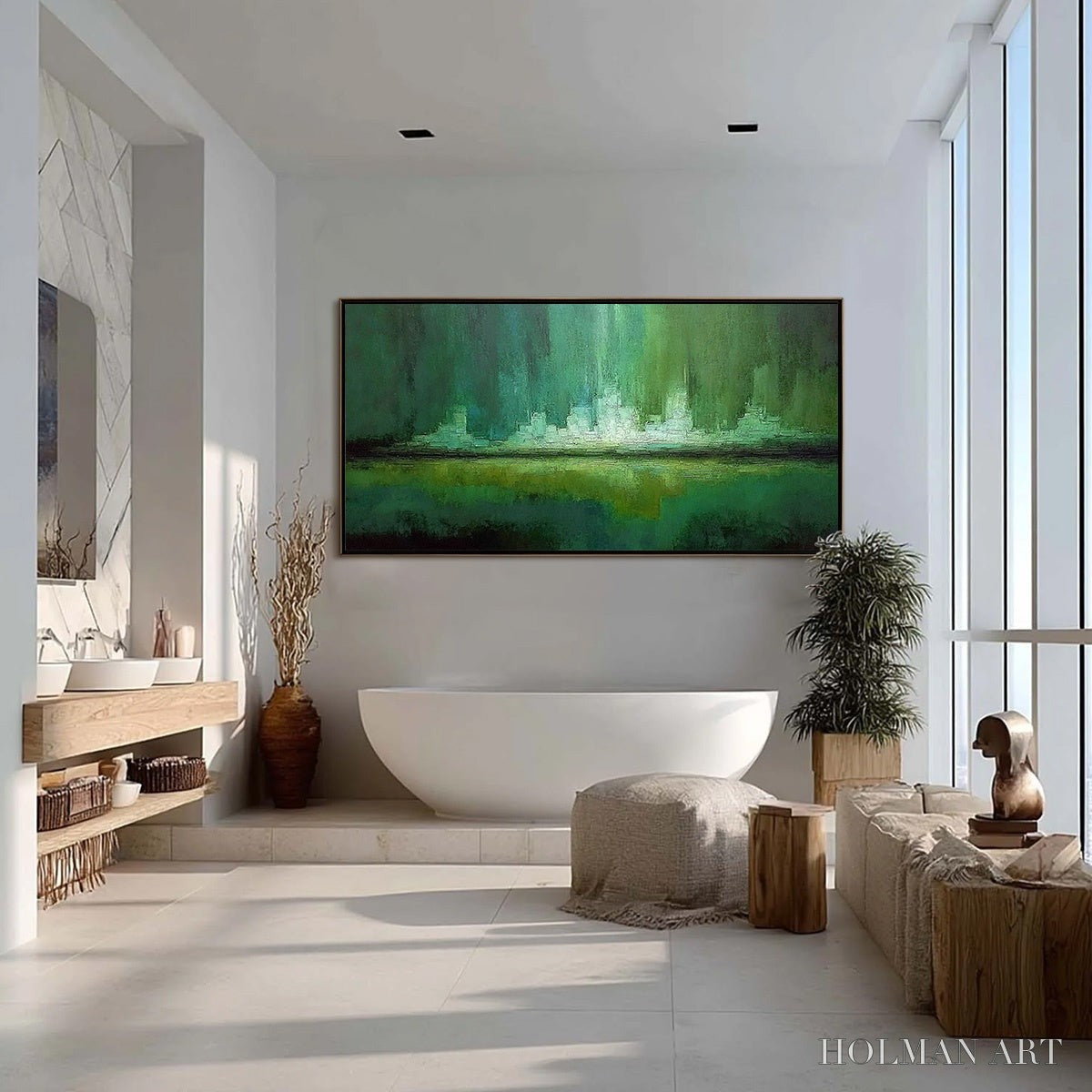HOLMAN ART Emerald Horizon – Abstract Green Textured Cityscape Oil Painting - image 4