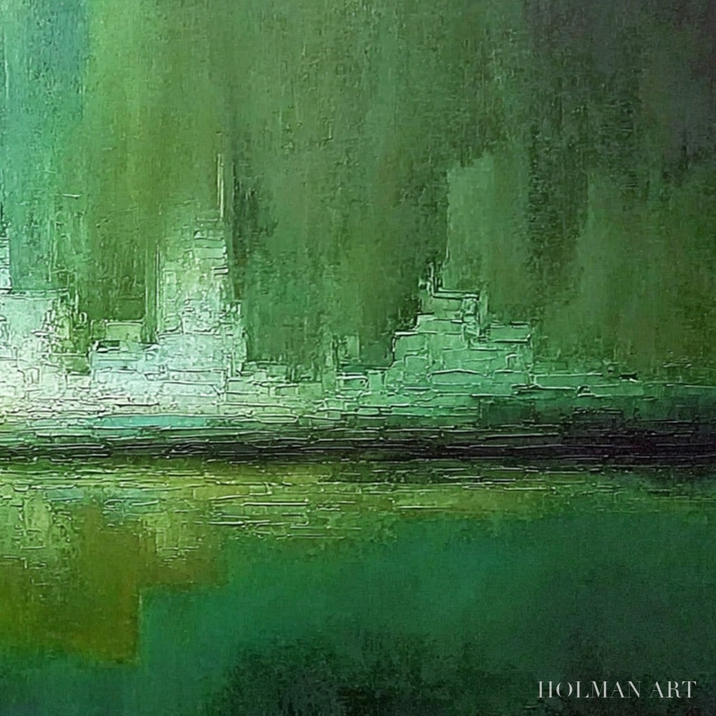 HOLMAN ART Emerald Horizon – Abstract Green Textured Cityscape Oil Painting - image 5