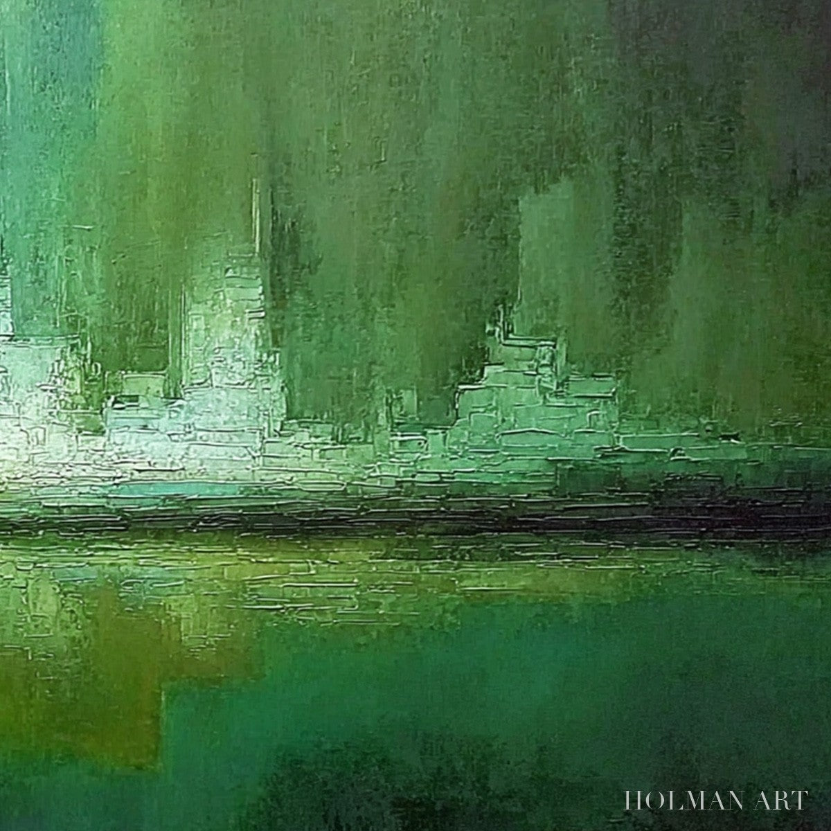 HOLMAN ART Emerald Horizon – Abstract Green Textured Cityscape Oil Painting - image 5