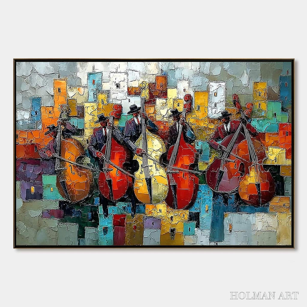 HOLMAN ART Urban Serenade – Vibrant Palette Knife Painting of Musicians in Cityscape - image 1