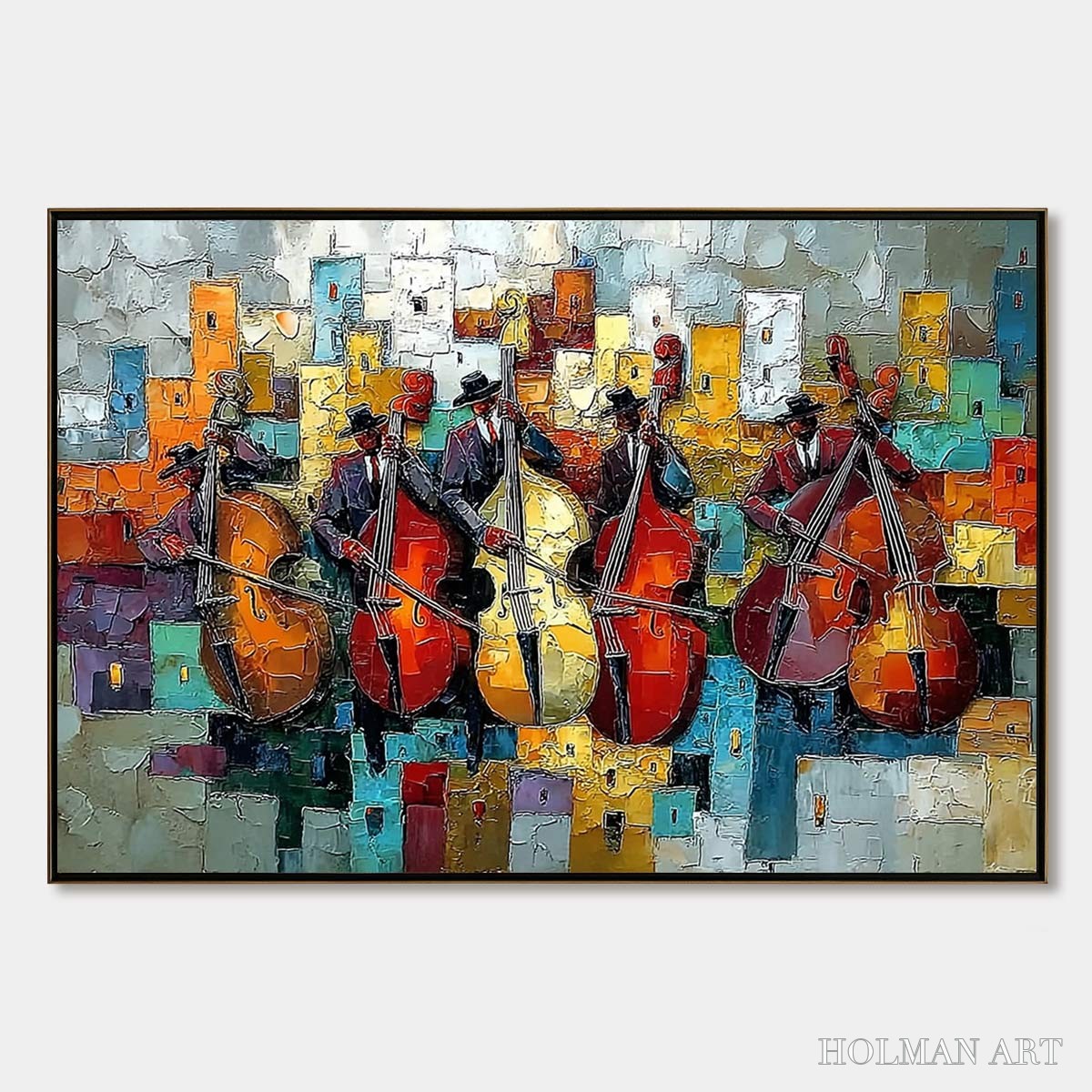 HOLMAN ART Urban Serenade – Vibrant Palette Knife Painting of Musicians in Cityscape - image 1
