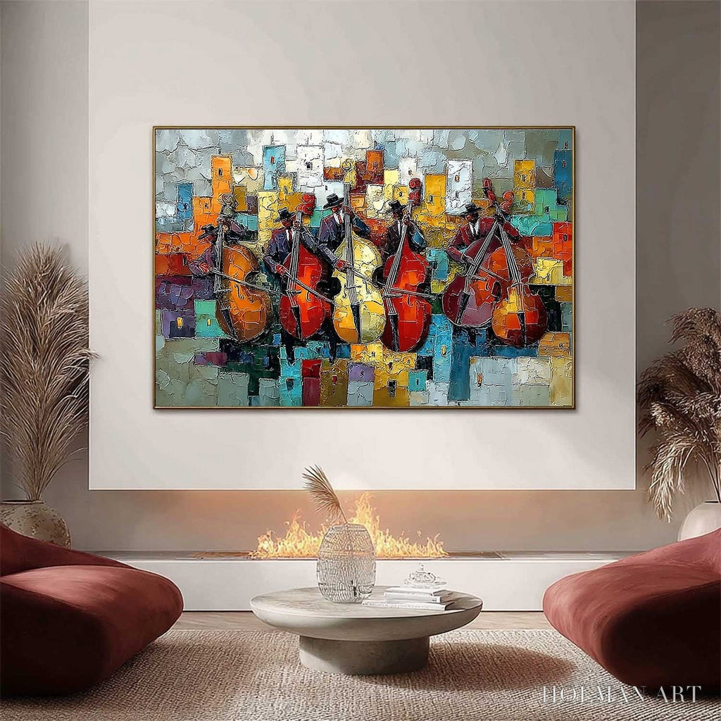 HOLMAN ART Urban Serenade – Vibrant Palette Knife Painting of Musicians in Cityscape - image 2
