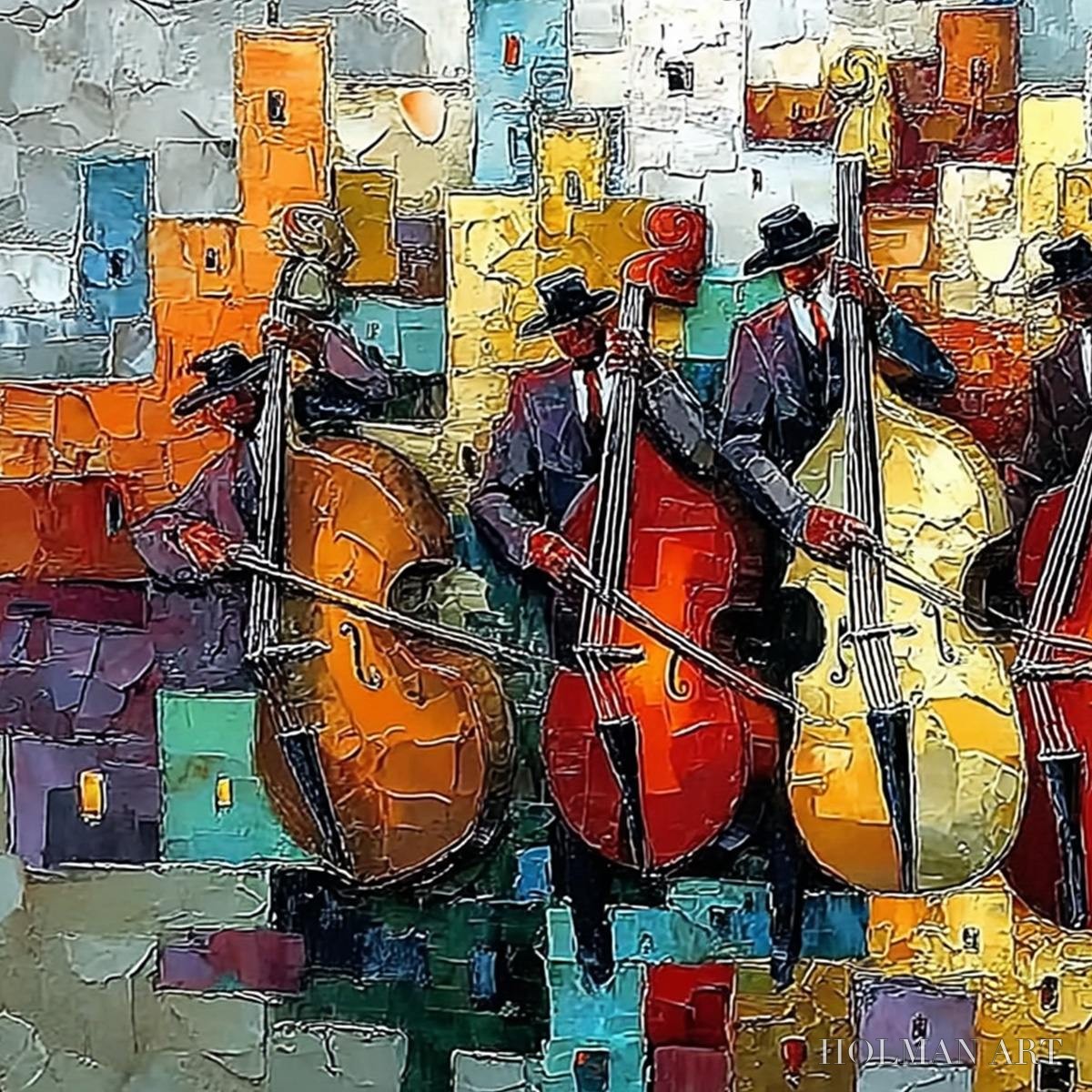 HOLMAN ART Urban Serenade – Vibrant Palette Knife Painting of Musicians in Cityscape - image 3