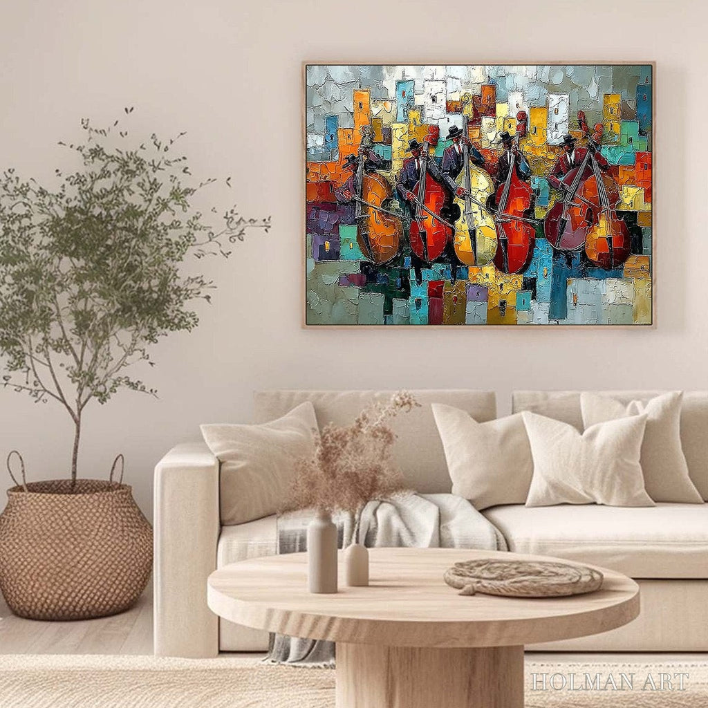 HOLMAN ART Urban Serenade – Vibrant Palette Knife Painting of Musicians in Cityscape - image 4