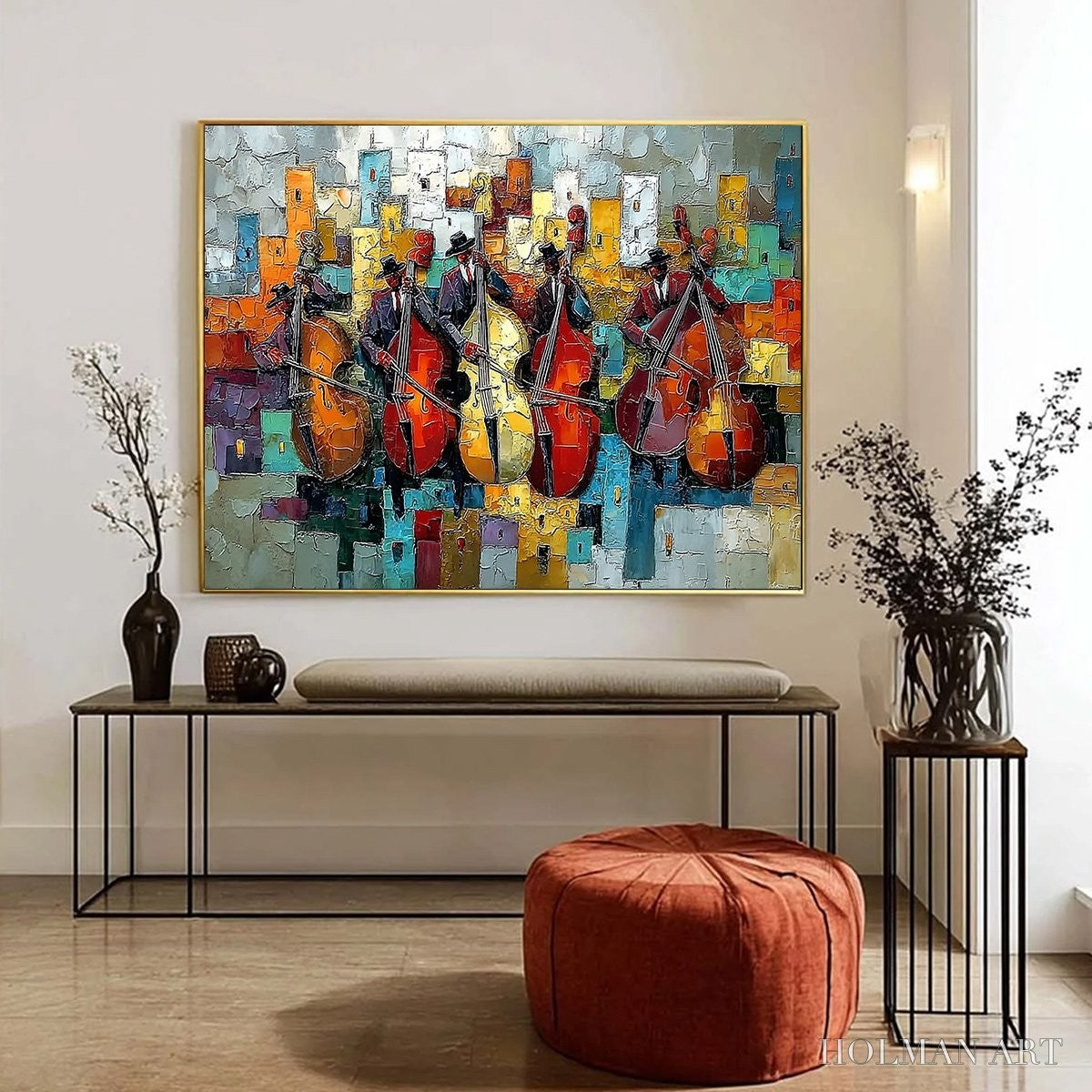 HOLMAN ART Urban Serenade – Vibrant Palette Knife Painting of Musicians in Cityscape - image 6