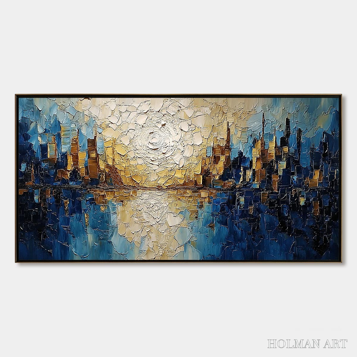 HOLMAN ART Golden Horizon – Textured Impasto Cityscape Reflection Oil Painting - image 1