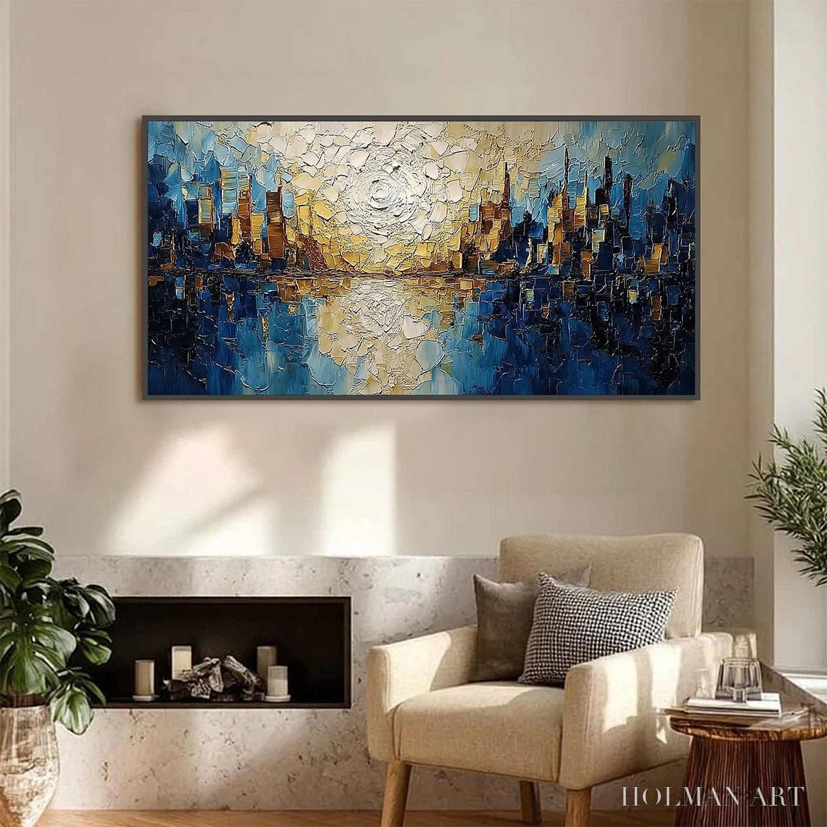 HOLMAN ART Golden Horizon – Textured Impasto Cityscape Reflection Oil Painting - image 2