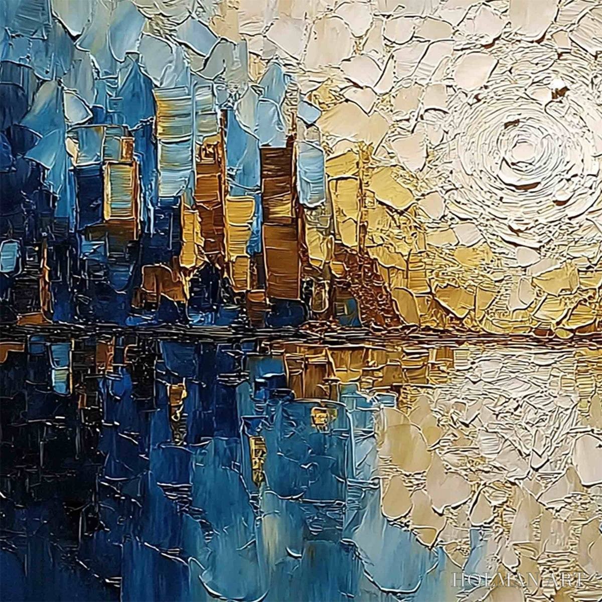 HOLMAN ART Golden Horizon – Textured Impasto Cityscape Reflection Oil Painting - image 3