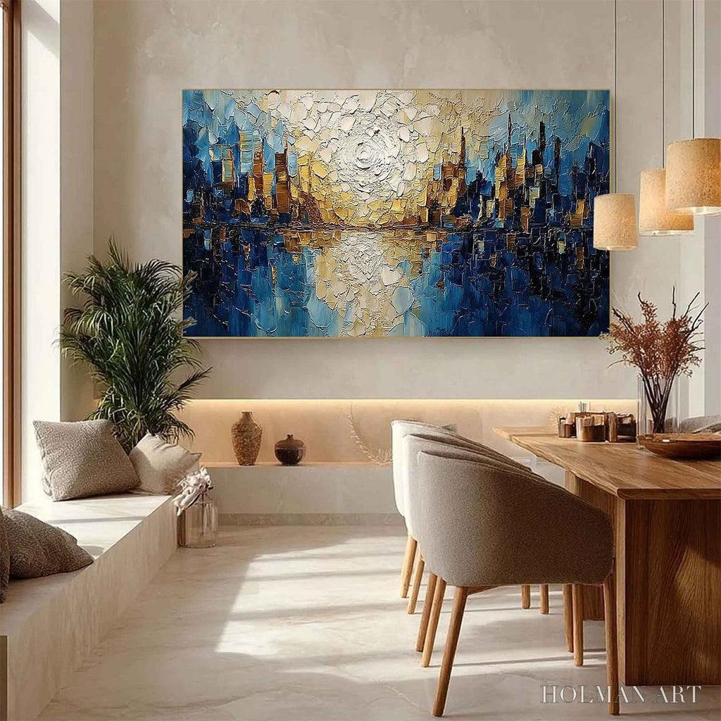 HOLMAN ART Golden Horizon – Textured Impasto Cityscape Reflection Oil Painting - image 4