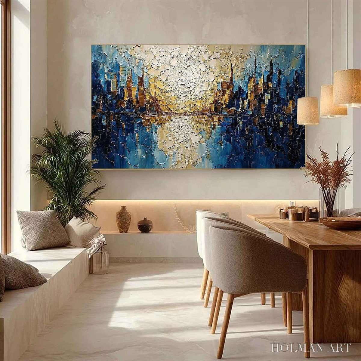 HOLMAN ART Golden Horizon – Textured Impasto Cityscape Reflection Oil Painting - image 4