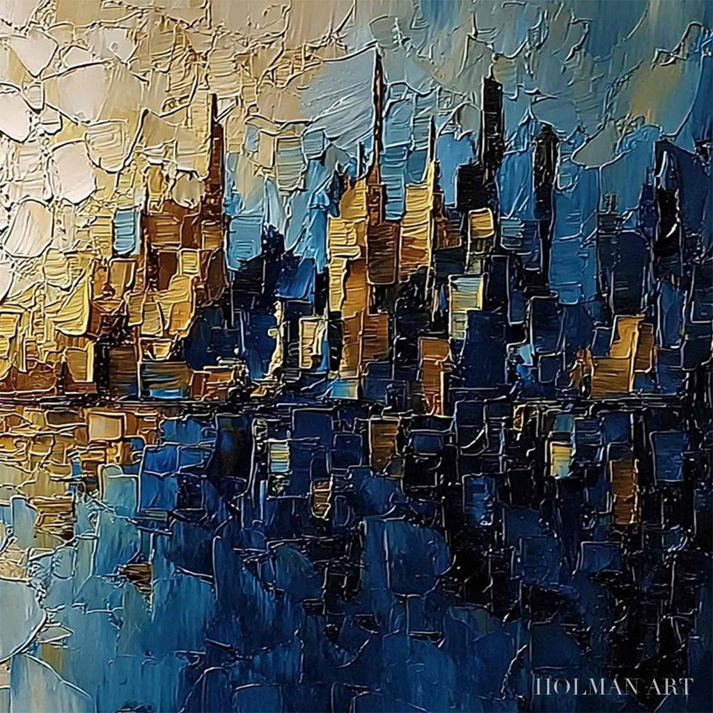 HOLMAN ART Golden Horizon – Textured Impasto Cityscape Reflection Oil Painting - image 5