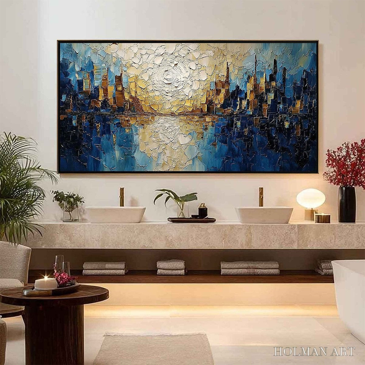 HOLMAN ART Golden Horizon – Textured Impasto Cityscape Reflection Oil Painting - image 6