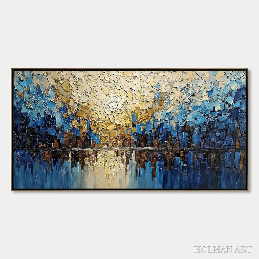HOLMAN ART Golden Horizon – Textured Impasto Cityscape Reflection Painting - image 1