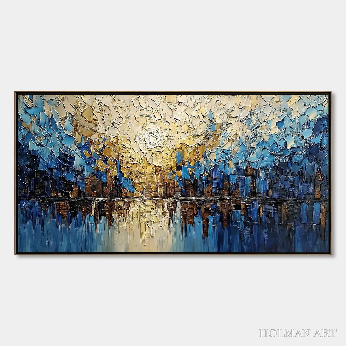 HOLMAN ART Golden Horizon – Textured Impasto Cityscape Reflection Painting - image 1