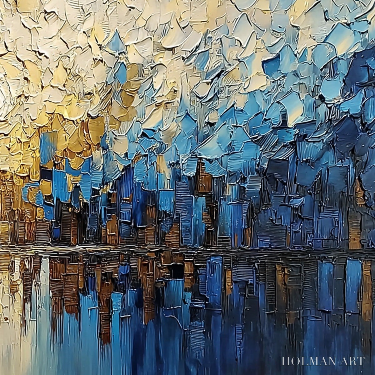 HOLMAN ART Golden Horizon – Textured Impasto Cityscape Reflection Painting - image 3