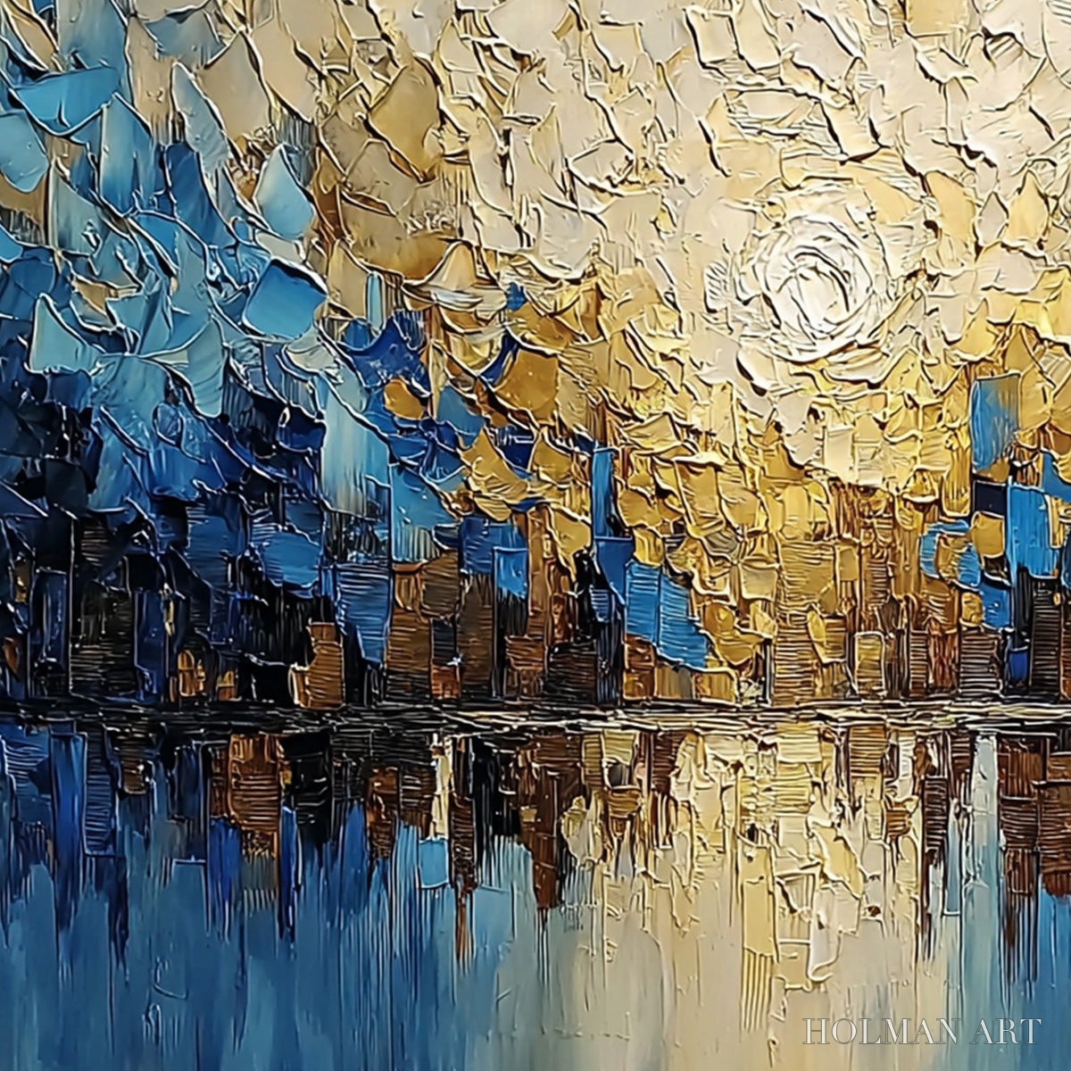 HOLMAN ART Golden Horizon – Textured Impasto Cityscape Reflection Painting - image 5
