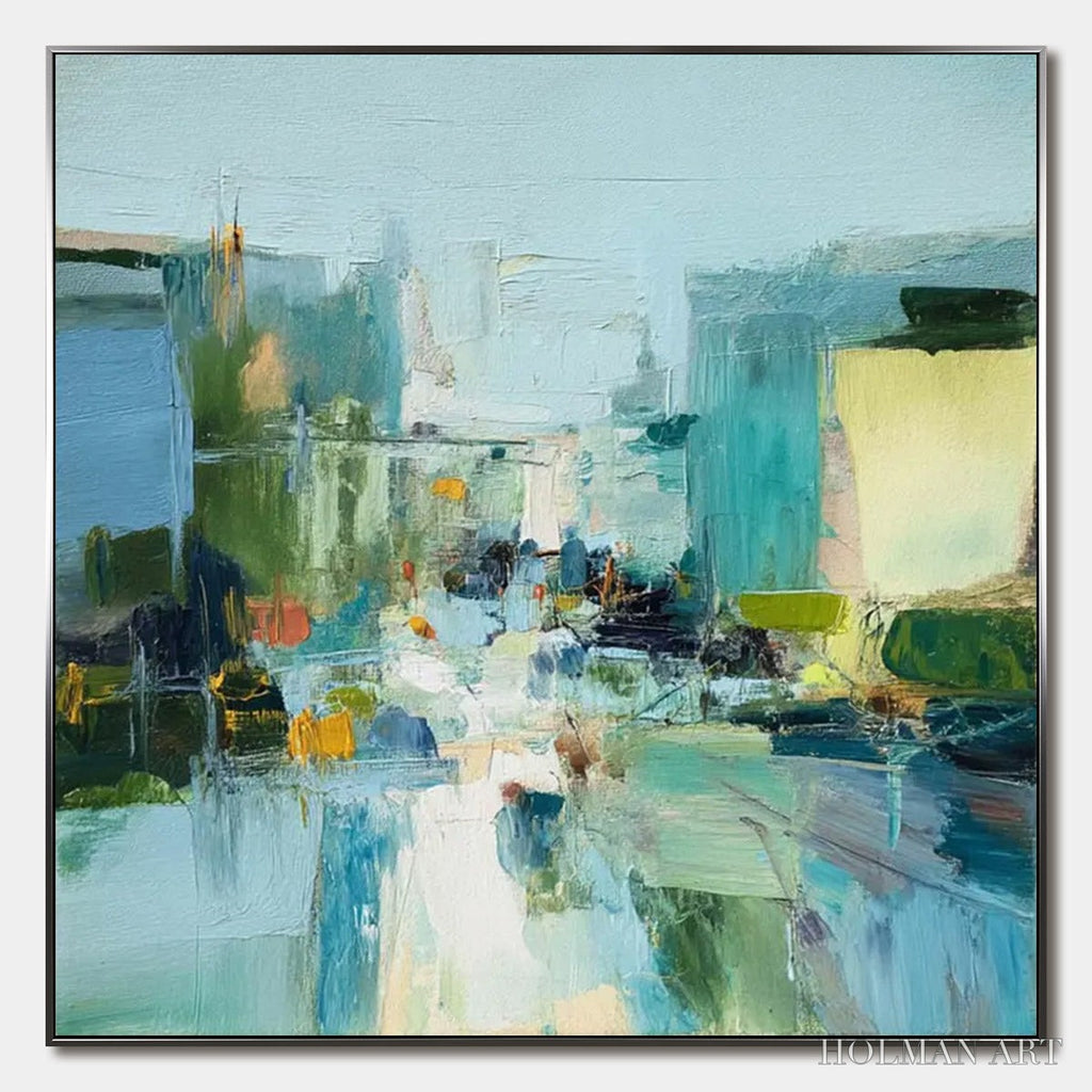 HOLMAN ART Aquamarine City – Textured Abstract Cityscape Oil Painting - image 1