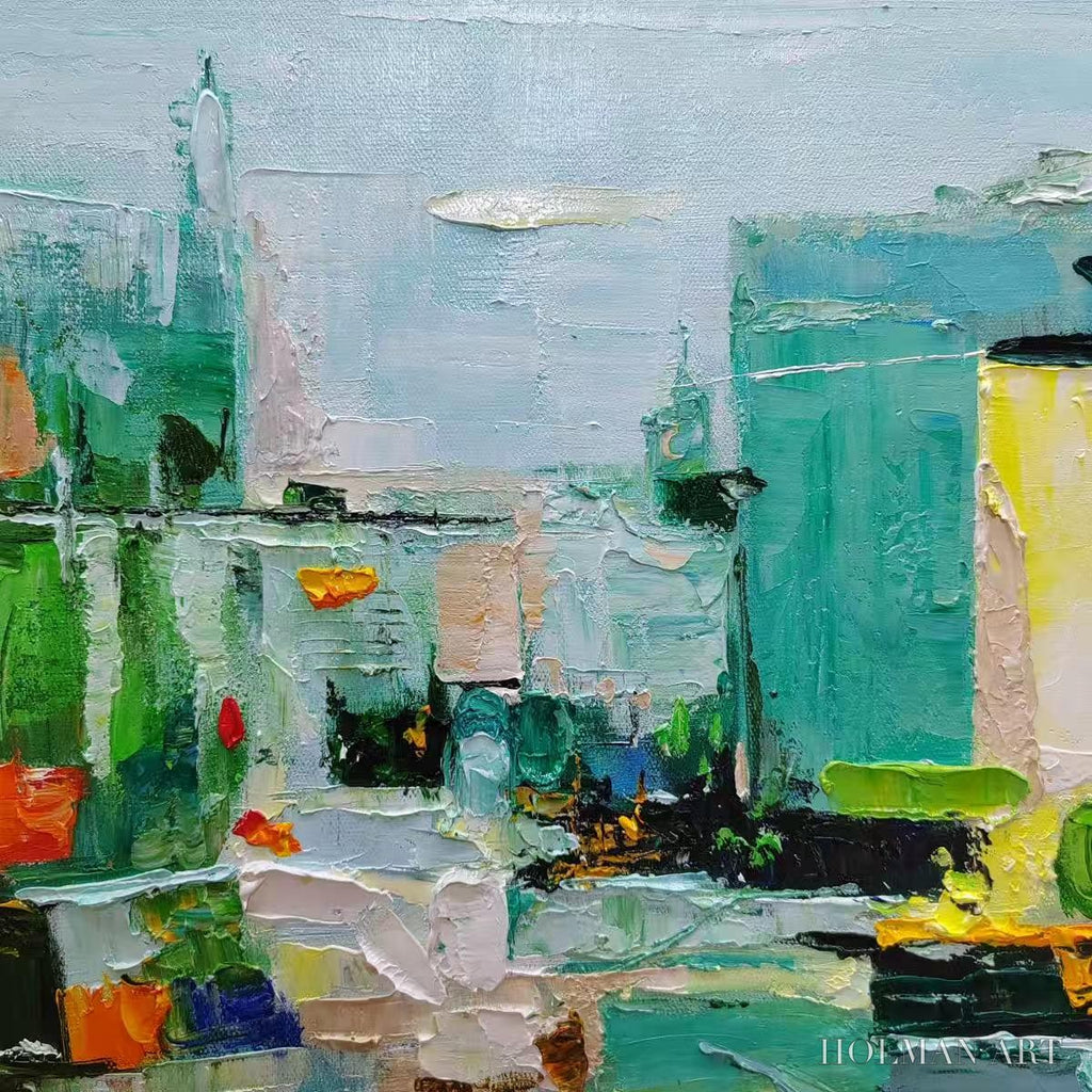 HOLMAN ART Aquamarine City – Textured Abstract Cityscape Oil Painting - image 3