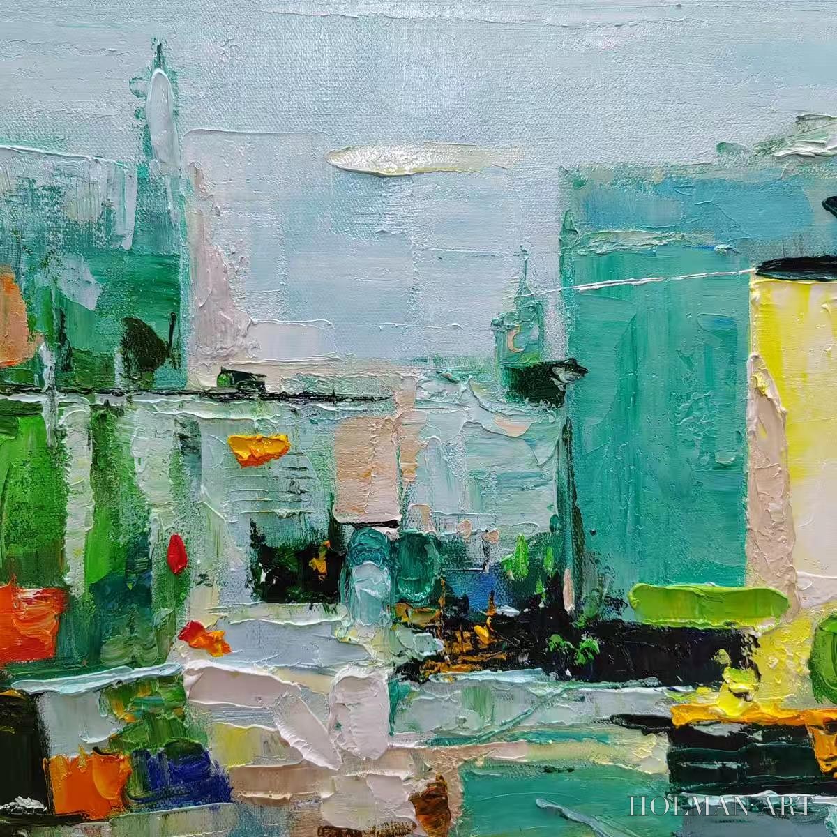 HOLMAN ART Aquamarine City – Textured Abstract Cityscape Oil Painting - image 3