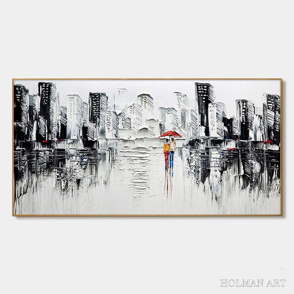 HOLMAN ART Urban Romance – Textured Cityscape Oil Painting in Black and White - image 1