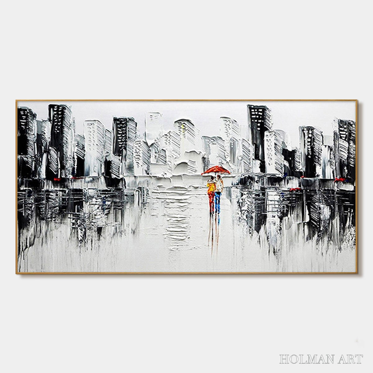 HOLMAN ART Urban Romance – Textured Cityscape Oil Painting in Black and White - image 1