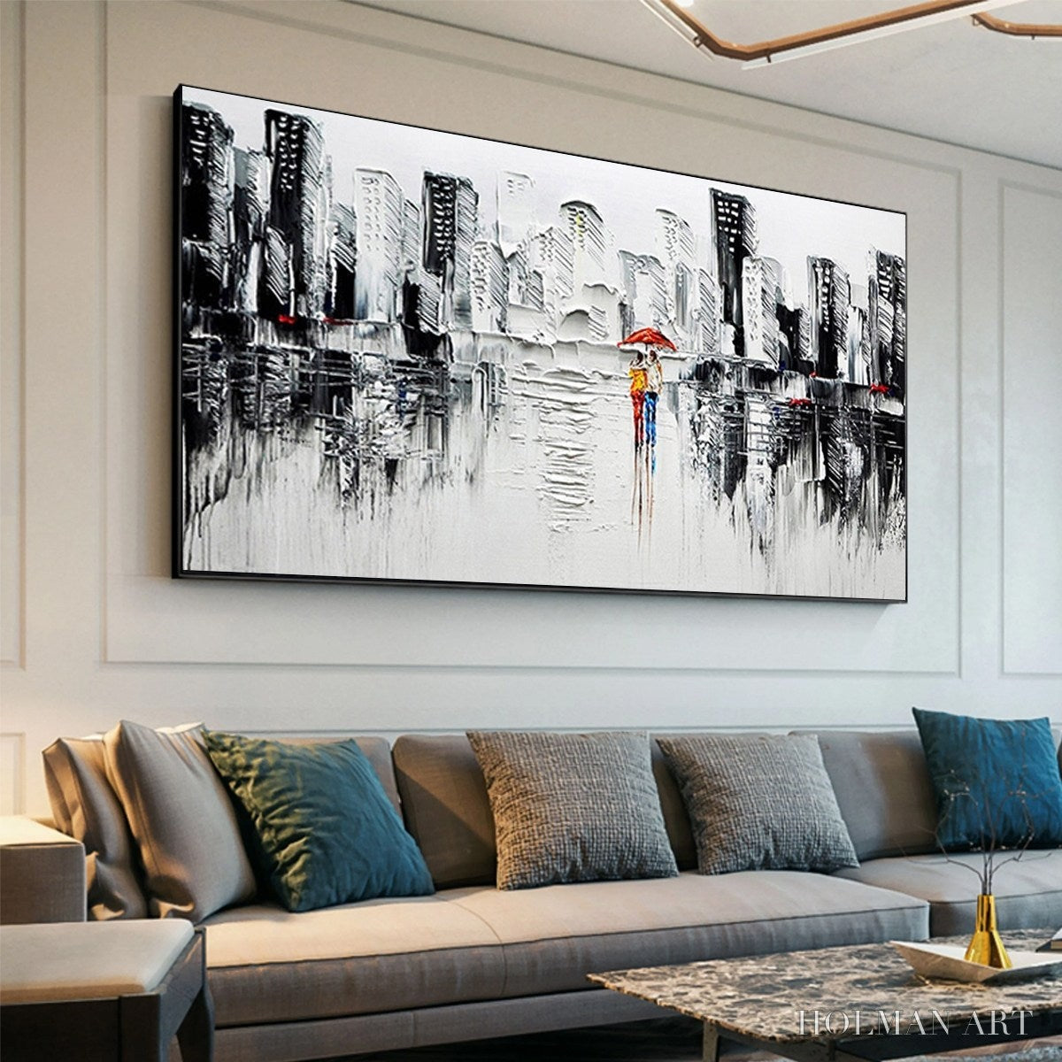 HOLMAN ART Urban Romance – Textured Cityscape Oil Painting in Black and White - image 4