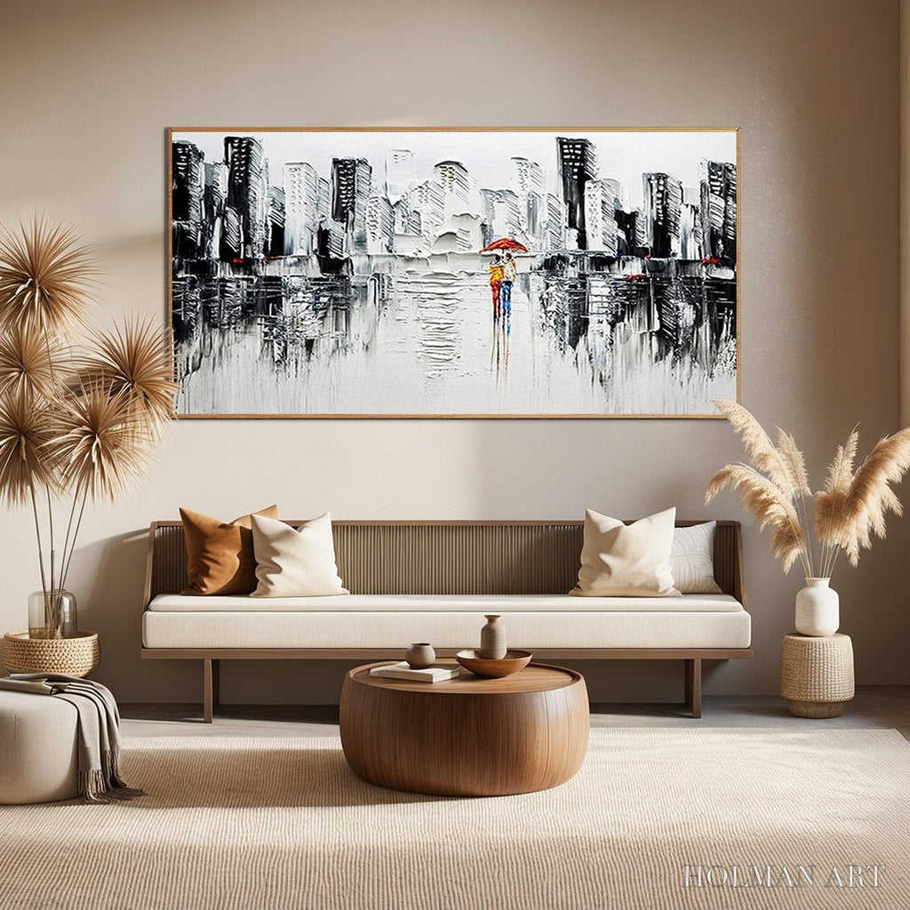 HOLMAN ART Urban Romance – Textured Cityscape Oil Painting in Black and White - image 6