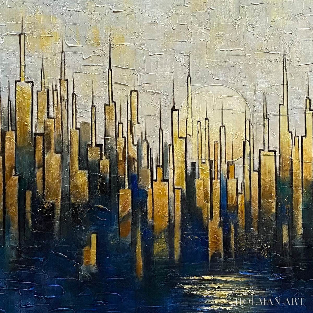 HOLMAN ART Golden Metropolis – Textured Cityscape Oil Painting - image 3