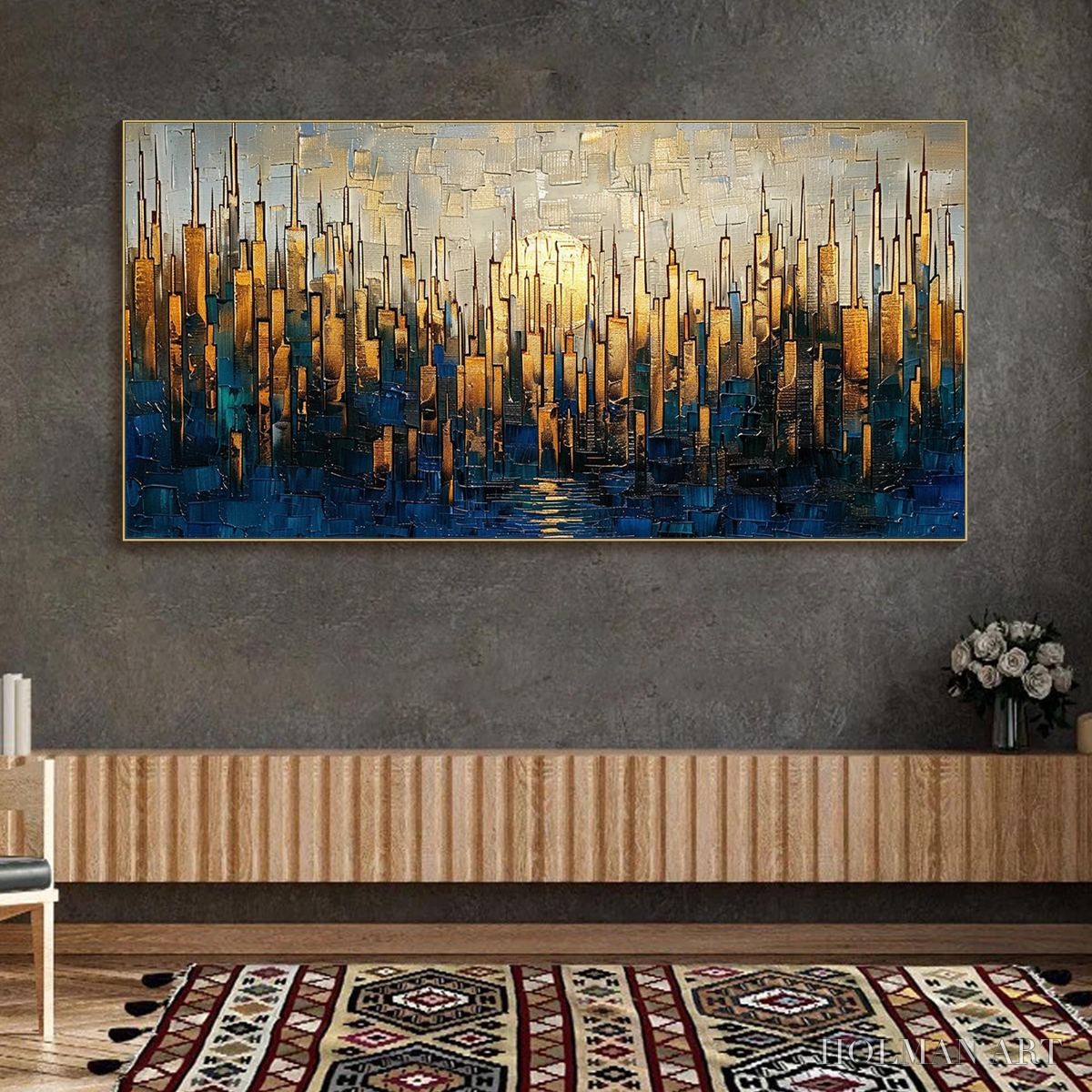 HOLMAN ART Golden Metropolis – Textured Cityscape Oil Painting - image 4