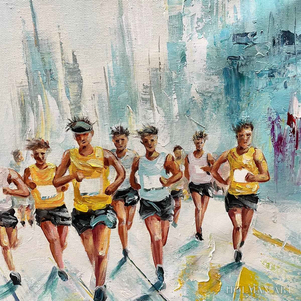 HOLMAN ART City Stride – Textured Urban Marathon Scene Oil Painting - image 3