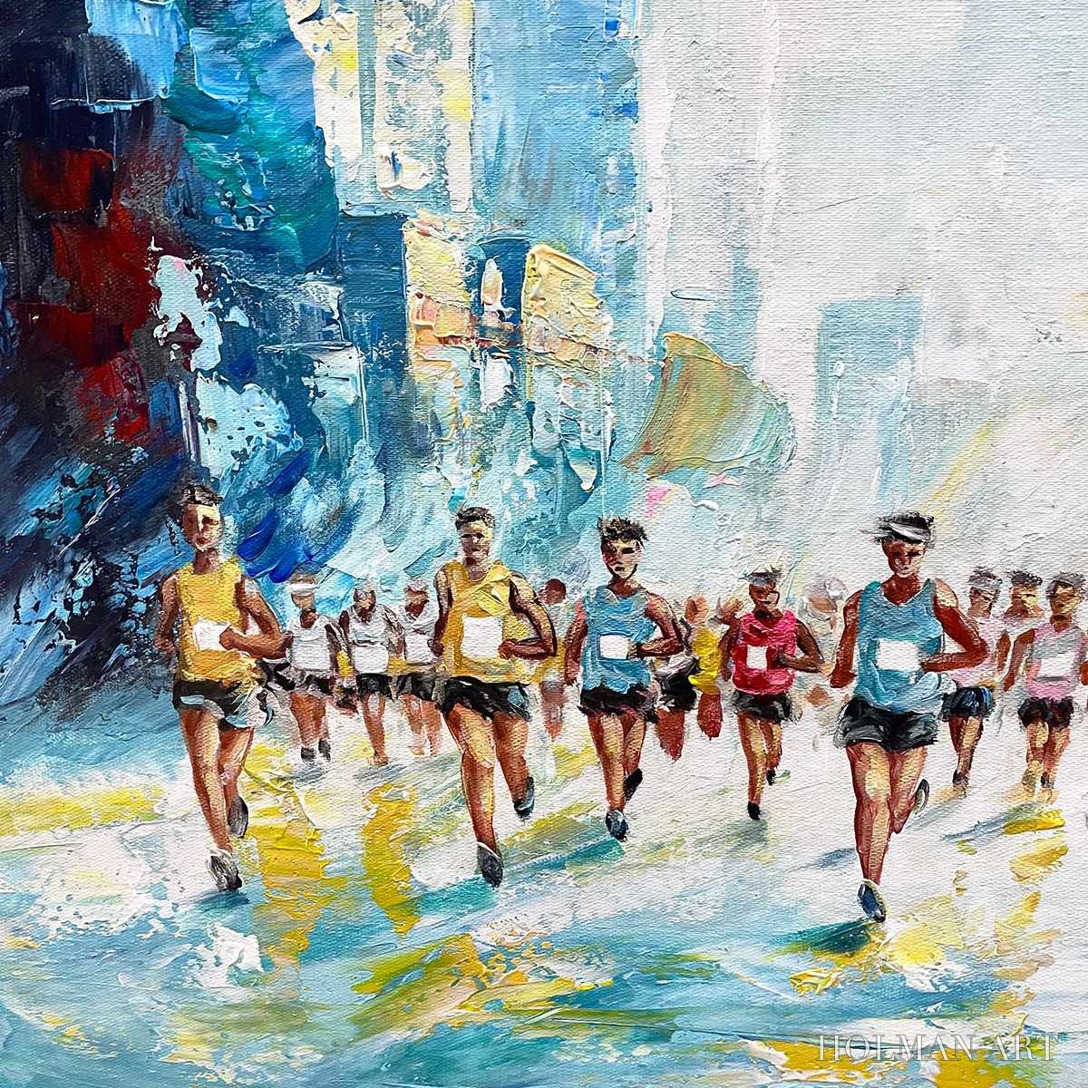 HOLMAN ART City Stride – Textured Urban Marathon Scene Oil Painting - image 5