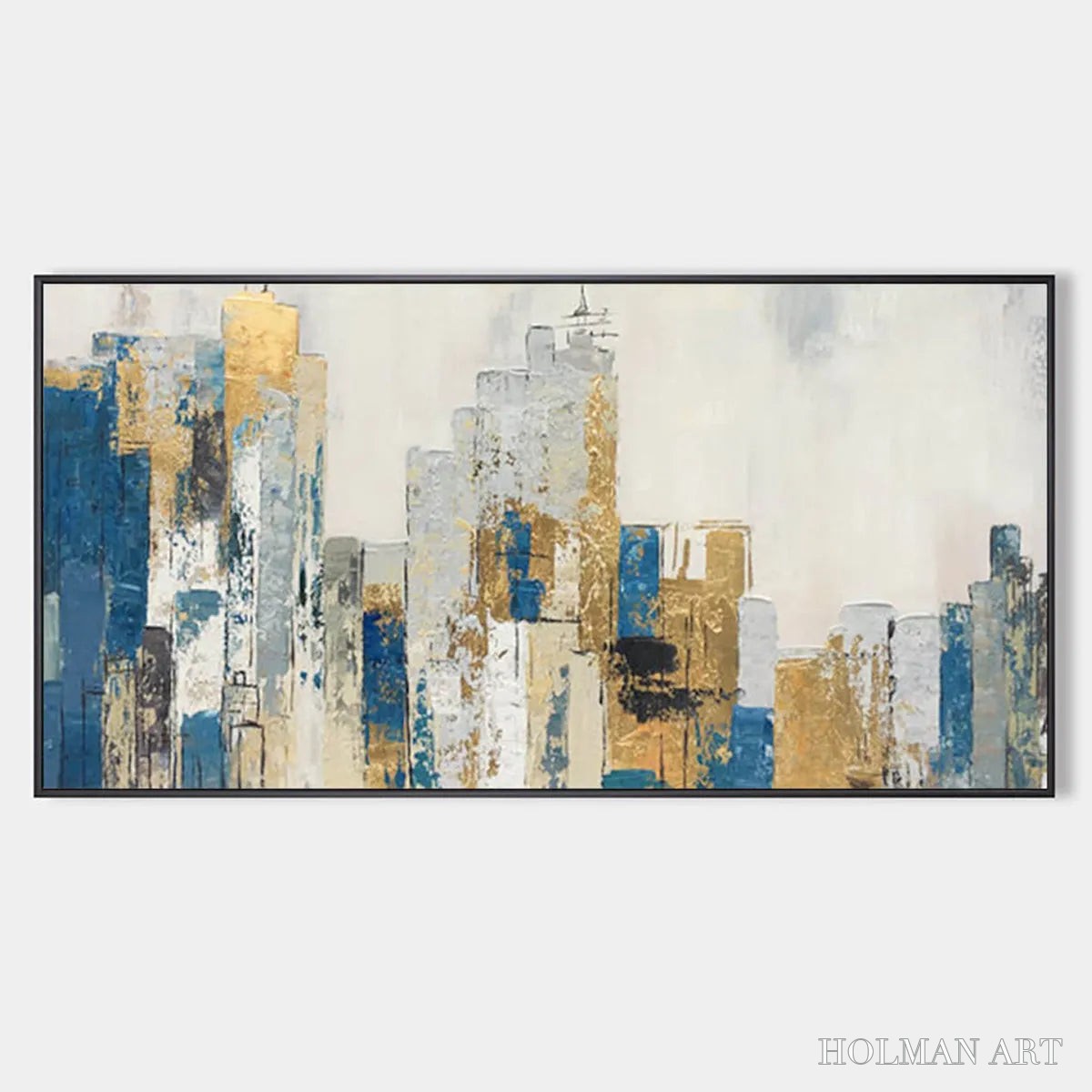 HOLMAN ART Golden Metropolis – Abstract Cityscape Oil Painting in Gold and Blue - image 1