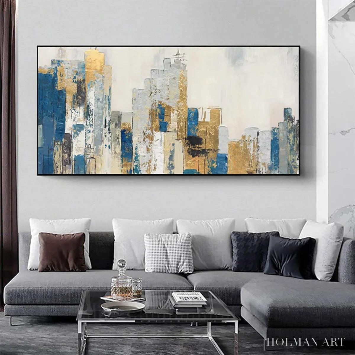 HOLMAN ART Golden Metropolis – Abstract Cityscape Oil Painting in Gold and Blue - image 2