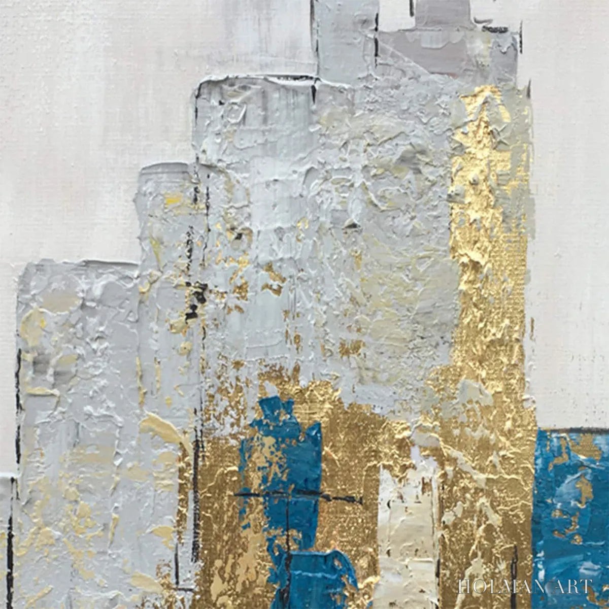 HOLMAN ART Golden Metropolis – Abstract Cityscape Oil Painting in Gold and Blue - image 3