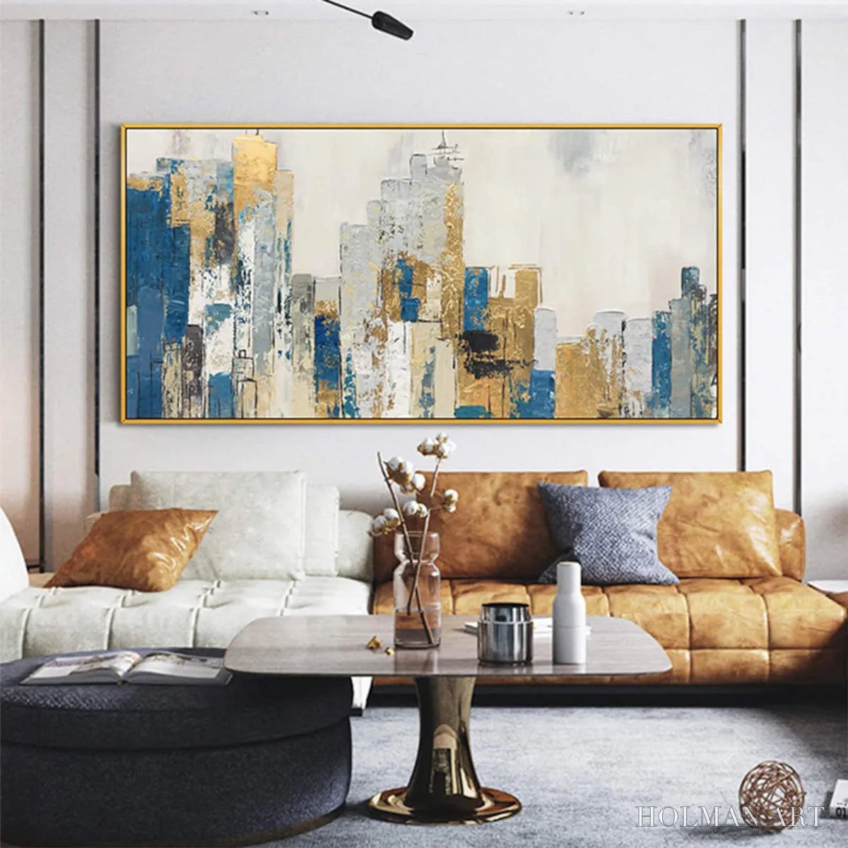 HOLMAN ART Golden Metropolis – Abstract Cityscape Oil Painting in Gold and Blue - image 4