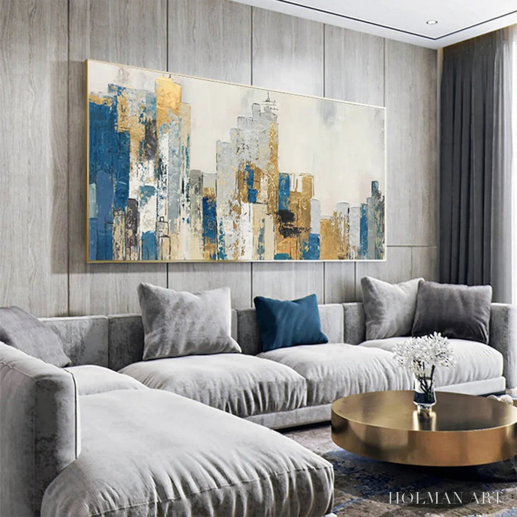 HOLMAN ART Golden Metropolis – Abstract Cityscape Oil Painting in Gold and Blue - image 5