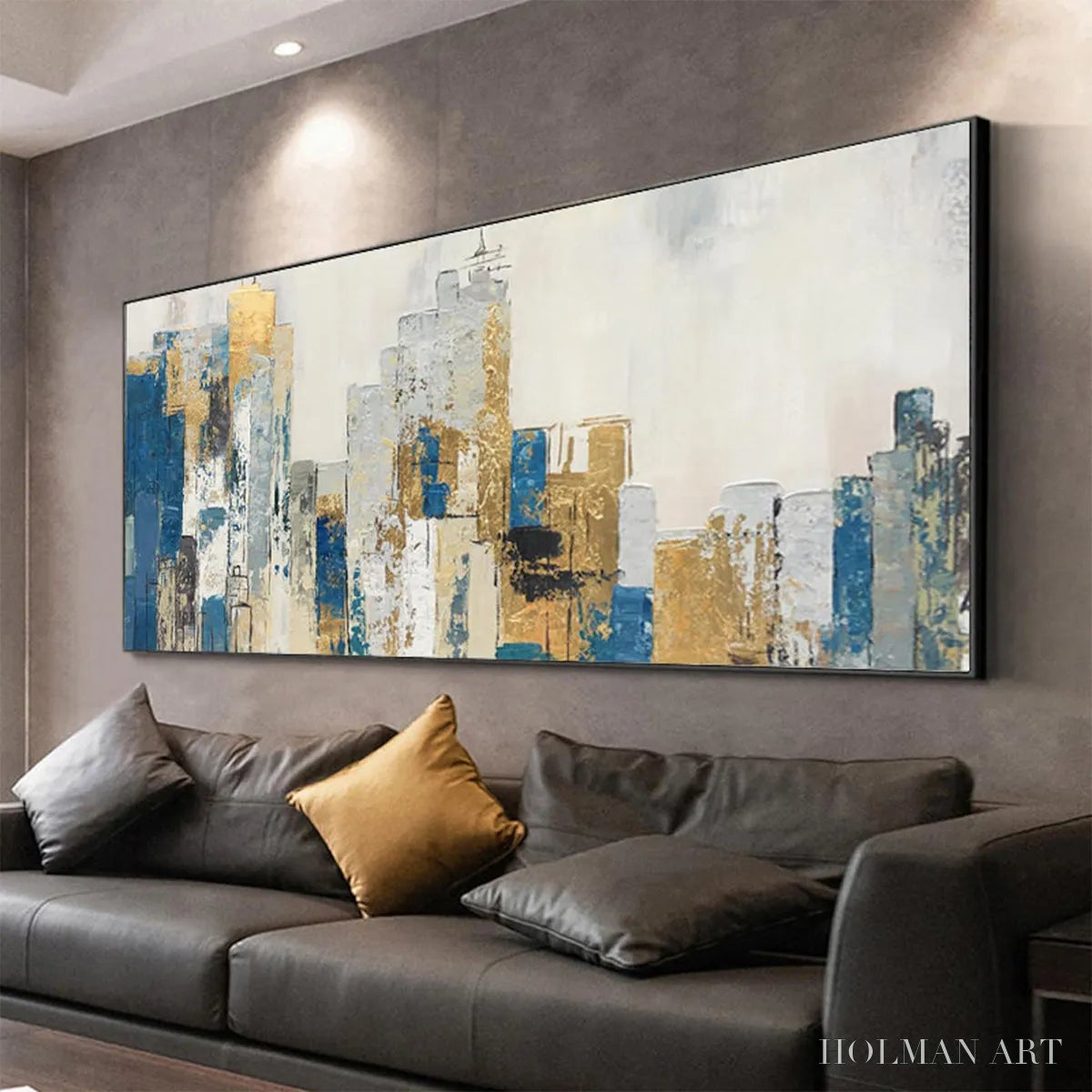 HOLMAN ART Golden Metropolis – Abstract Cityscape Oil Painting in Gold and Blue - image 6
