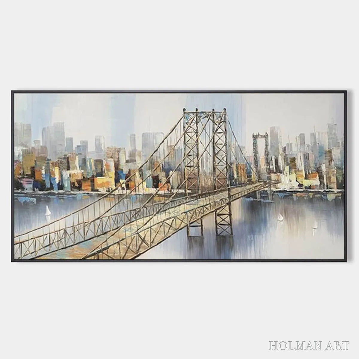 HOLMAN ART Urban Connectivity – Panoramic Cityscape Oil Painting with Bridge - image 1