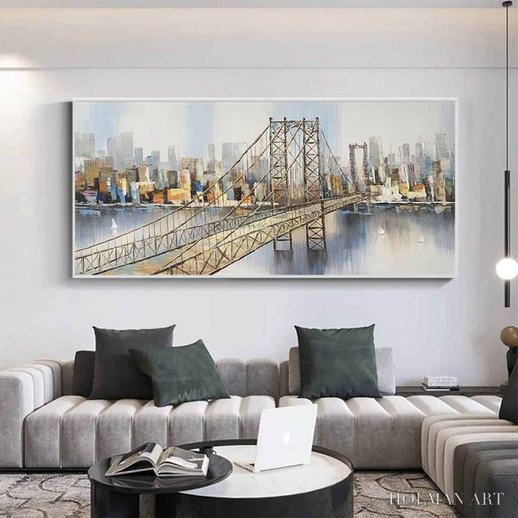 HOLMAN ART Urban Connectivity – Panoramic Cityscape Oil Painting with Bridge - image 2