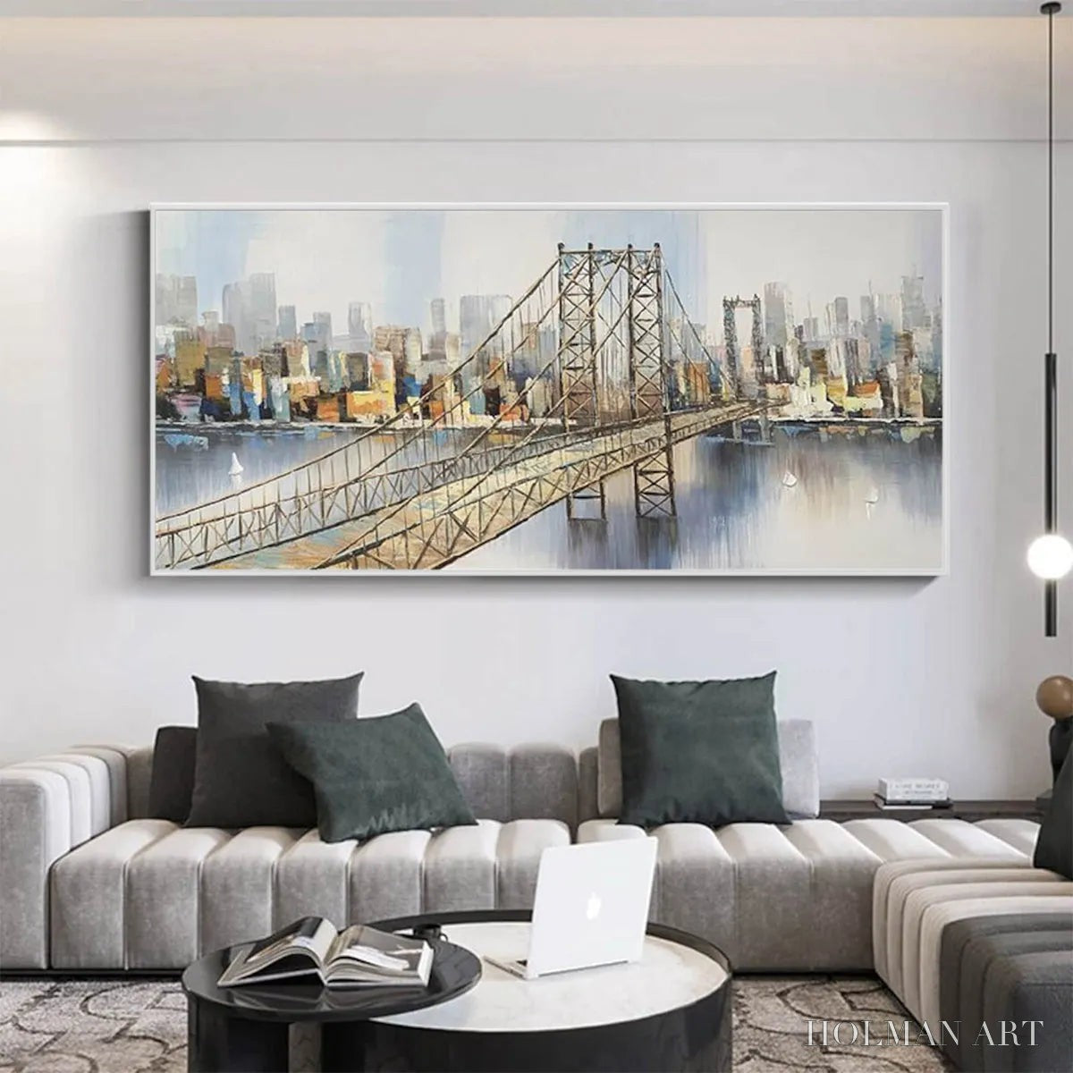 HOLMAN ART Urban Connectivity – Panoramic Cityscape Oil Painting with Bridge - image 2