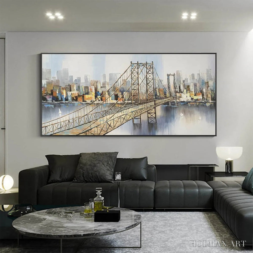 HOLMAN ART Urban Connectivity – Panoramic Cityscape Oil Painting with Bridge - image 4