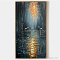 HOLMAN ART Rainy Day Reflections – Vertical Painting of a Rainy City Street, Minimalist Figures, Modern , Blue and Gold - image 1