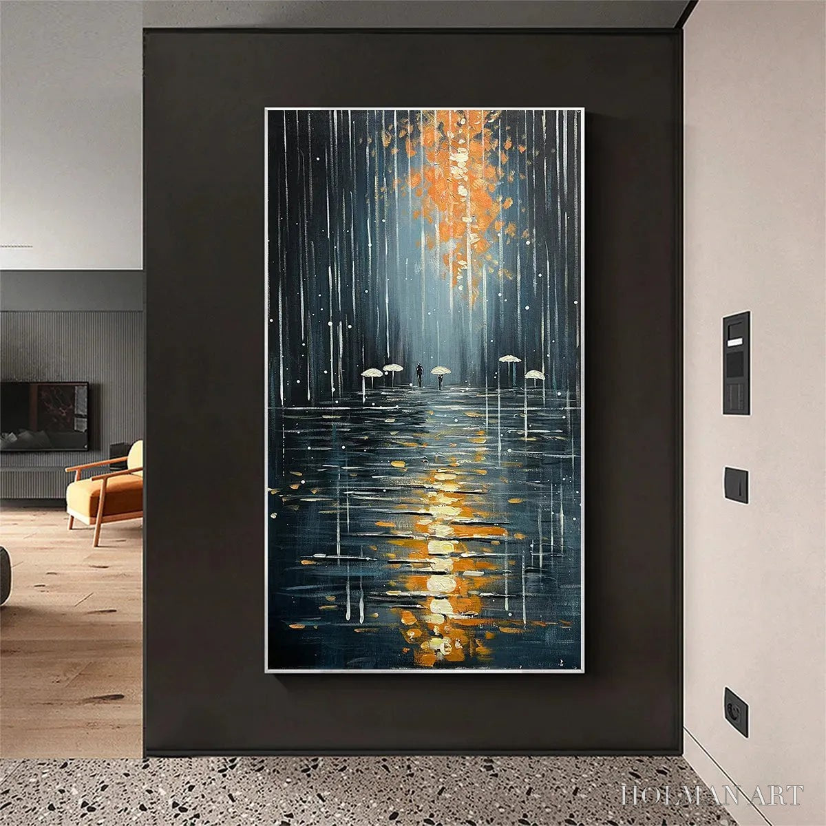 HOLMAN ART Rainy Day Reflections – Vertical Painting of a Rainy City Street, Minimalist Figures, Modern , Blue and Gold - image 2