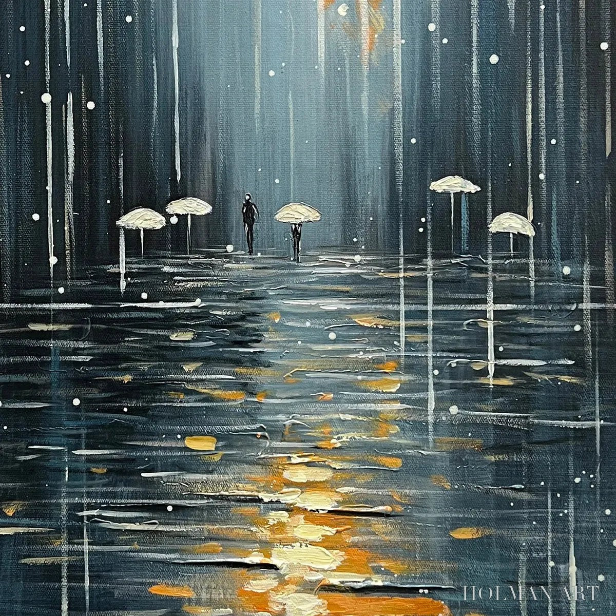 HOLMAN ART Rainy Day Reflections – Vertical Painting of a Rainy City Street, Minimalist Figures, Modern , Blue and Gold - image 3