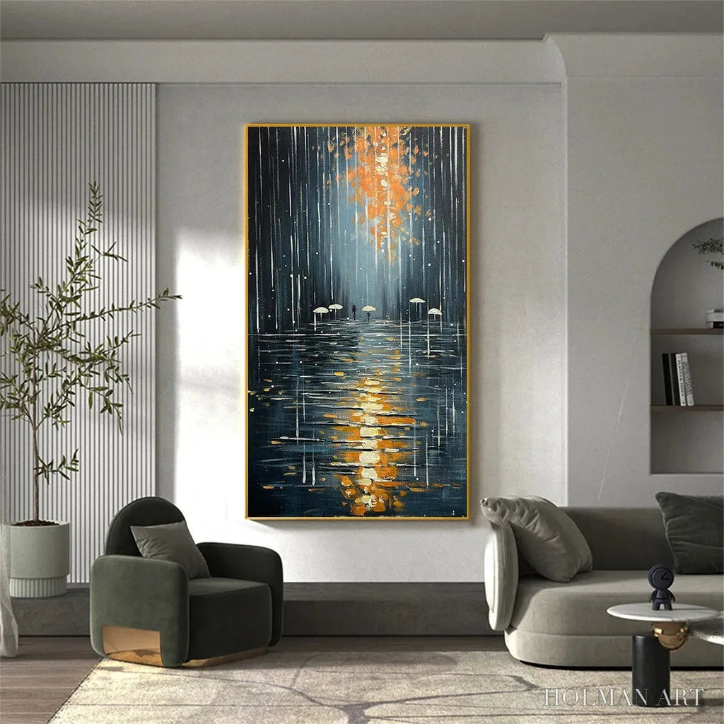HOLMAN ART Rainy Day Reflections – Vertical Painting of a Rainy City Street, Minimalist Figures, Modern , Blue and Gold - image 4