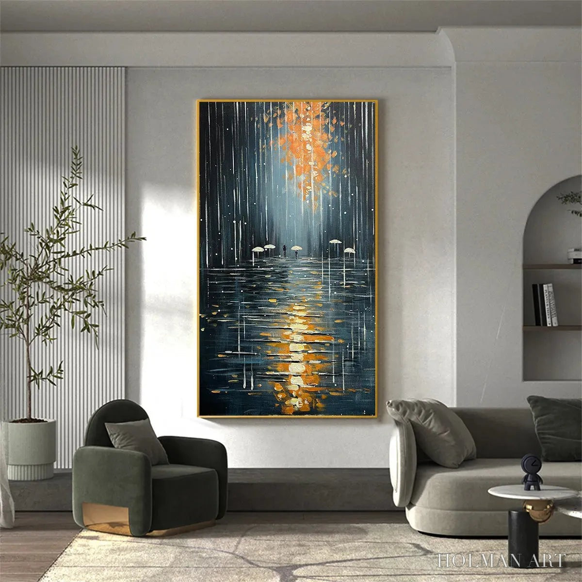 HOLMAN ART Rainy Day Reflections – Vertical Painting of a Rainy City Street, Minimalist Figures, Modern , Blue and Gold - image 4