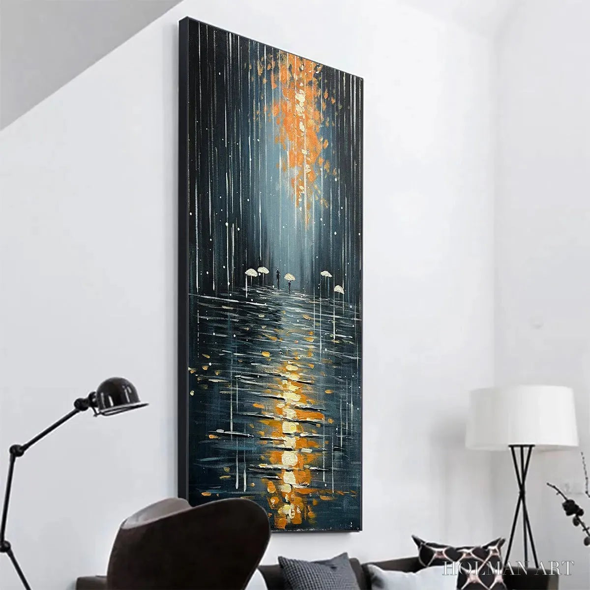 HOLMAN ART Rainy Day Reflections – Vertical Painting of a Rainy City Street, Minimalist Figures, Modern , Blue and Gold - image 5