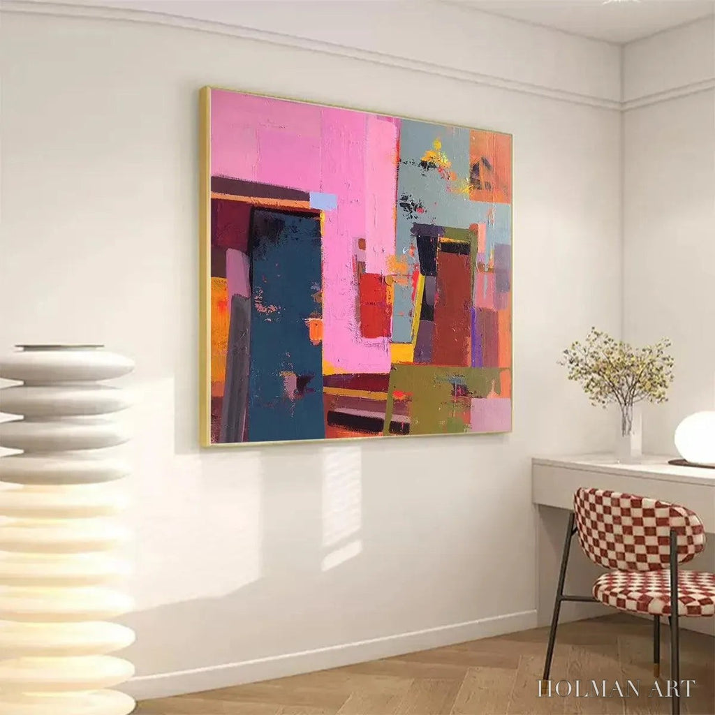 HOLMAN ART Pink and Green Urban Abstract – Colorful Abstract City Painting, Square - image 3