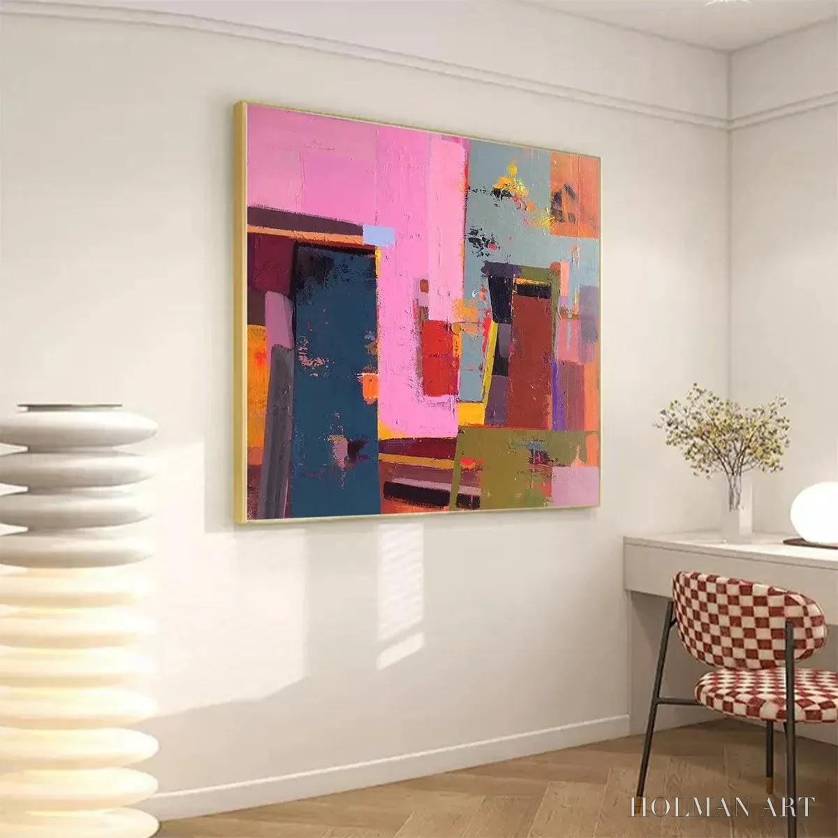 HOLMAN ART Pink and Green Urban Abstract – Colorful Abstract City Painting, Square - image 3