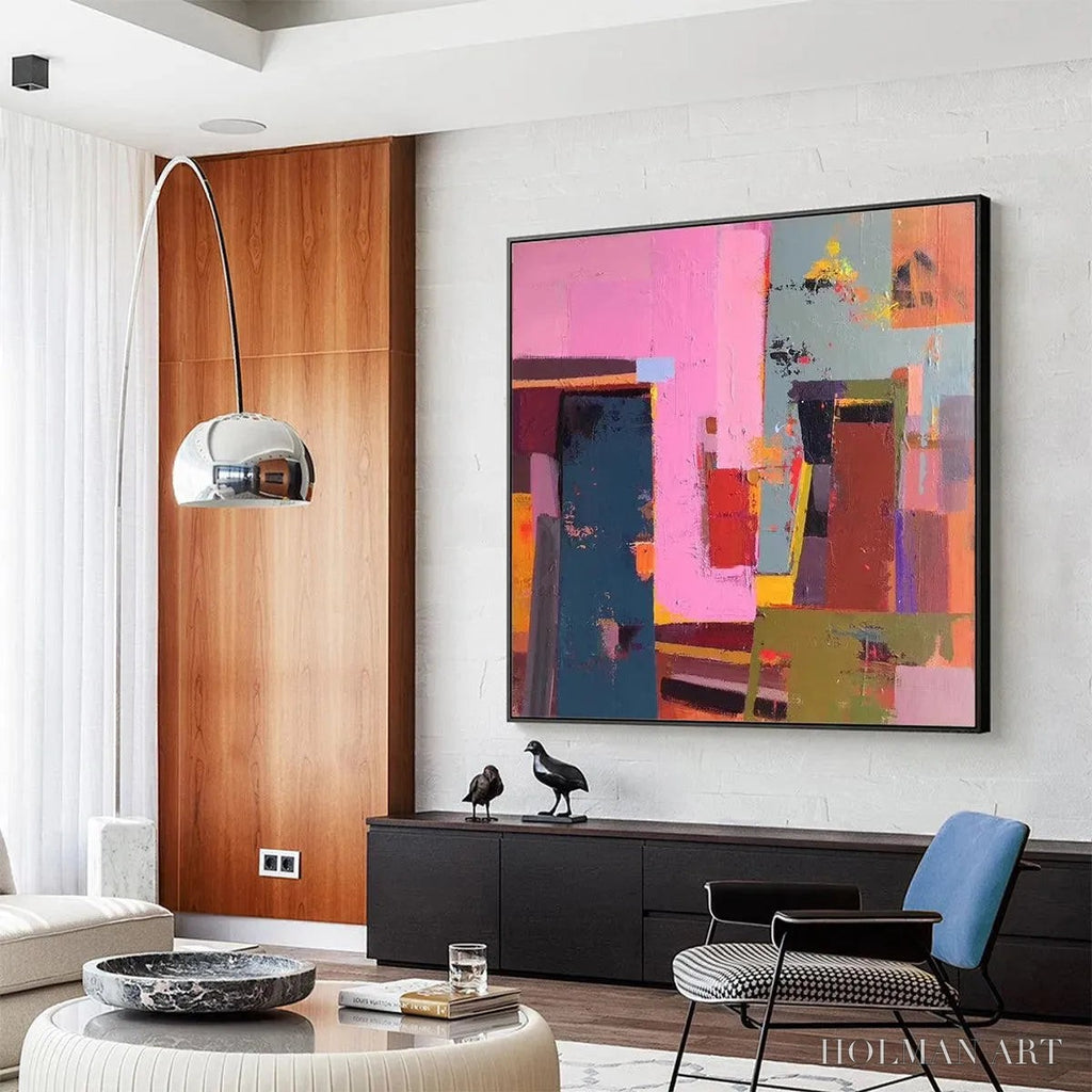 HOLMAN ART Pink and Green Urban Abstract – Colorful Abstract City Painting, Square - image 5